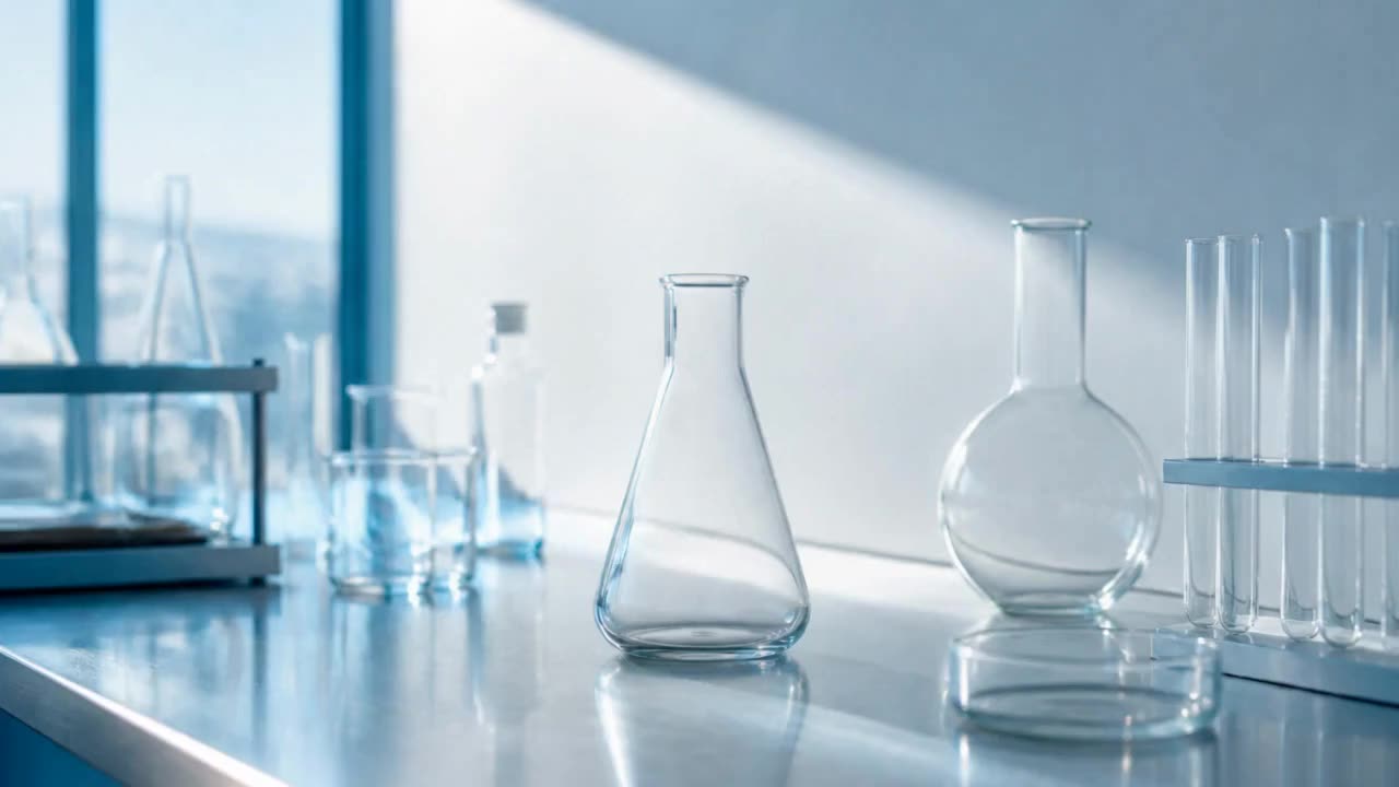Laboratory glassware on a reflective bench, generative still for Andrew Hillman