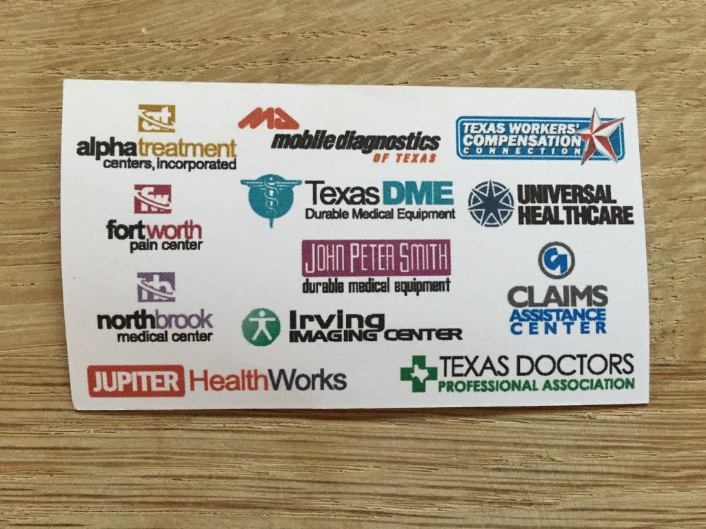 Andrew Hillman. A card of original Texas healthcare-business logos, including Alpha Treatment Centers, Jupiter HealthWorks, Northbrook Medical Center, Fort Worth Pain Center, and Irving Imaging Center