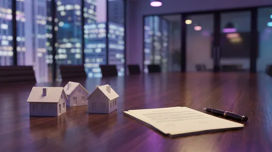 Boardroom table with model houses, papers and a fountain pen, illustrating Andrew Hillman's focus