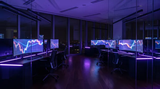 Empty trading floor with abstract chart screens, illustrating Andrew Hillman's public markets notes