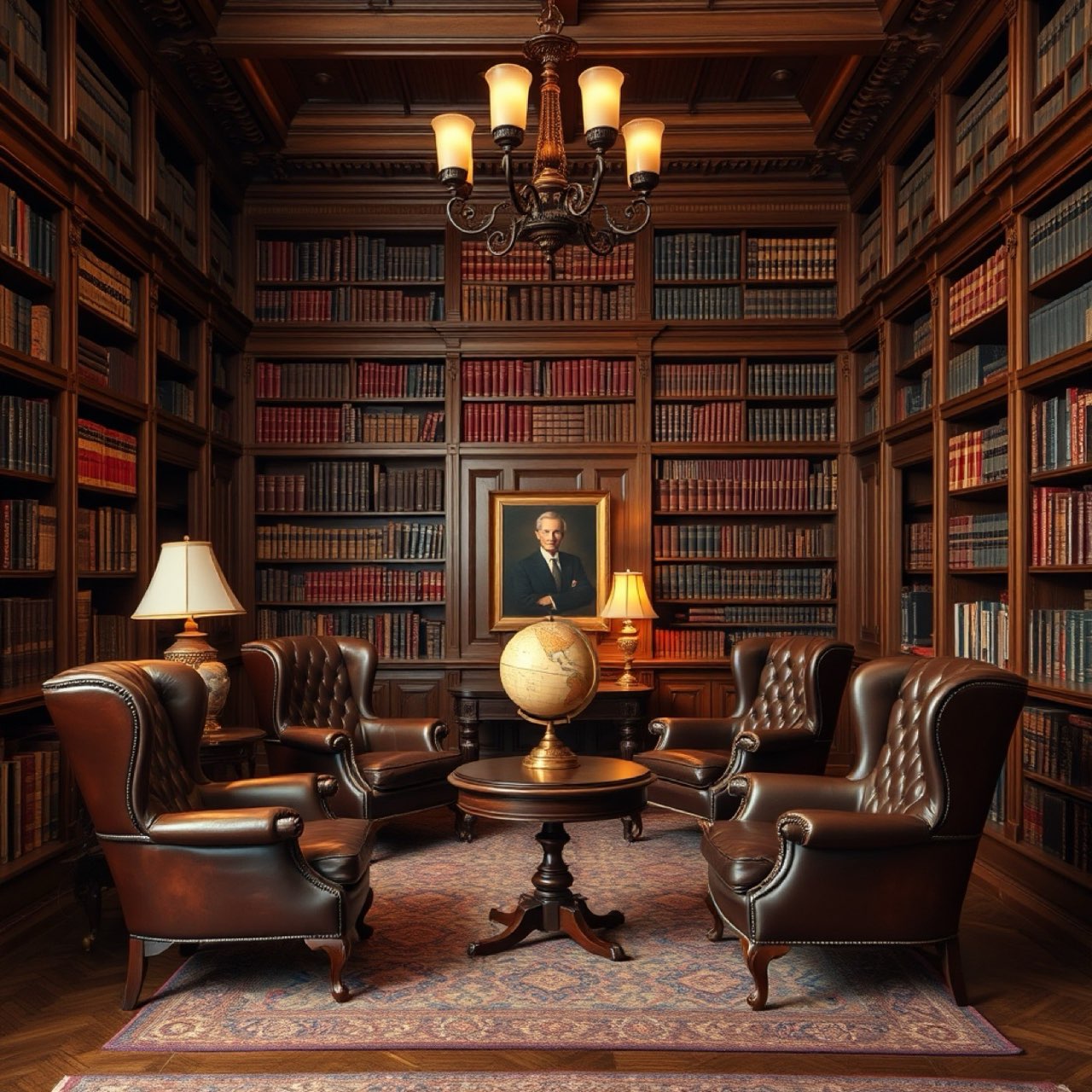 Family office library interior with oak shelving